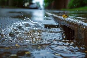 överväldigad storm dränera spewing vatten till en trottoar, illustrerar de kraft av brusande regn foto