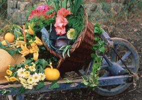 en korg fylld med blommor och grönsaker foto