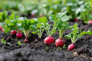 organisk rädisor växande i bördig jord i en vegetabiliska trädgård, representerar hållbar lantbruk och relaterad till jord dag och värld miljö dag foto