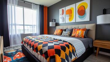 samtida sovrum med färgrik geometrisk strö uppsättning och abstrakt vägg konst, illustrerar modern interiör design trender och Hem dekor idéer foto