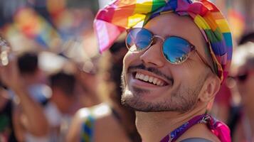 glad enskild bär en färgrik bandana och reflekterande solglasögon på en stolthet parad, förkroppsligande HBTQ Stöd och sommar fester foto
