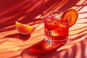 uppfriskande orange cocktail med is i en glas under sommar solljus med skugga mönster, idealisk för sommar parter och poolen menyer foto