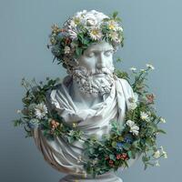 gammal grekisk sätta dit av en man insvept i blommor. gammal grekisk staty av en skäggig kejsare isolerat på blå bakgrund. gammal roman arkitektur foto