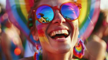 glad kvinna med regnbåge ansikte måla och färgrik solglasögon firar stolthet parad, förkroppsligande lgbtq gemenskap och mångfald godkännande foto