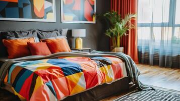 färgrik modern sovrum interiör med geometrisk mönstrad strö, abstrakt vägg konst, och värma belysning, idealisk för Hem dekor och livsstil begrepp foto