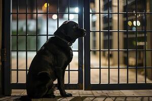 nattetid säkerhet på en hund hotell, med en vakt och övervakning systemet säkerställa säkerhet för Allt sällskapsdjur gäster foto