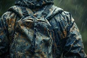 stänga upp av en jägare kamouflage Kläder och redskap, detaljerad texturer och mönster för smygande foto