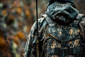 stänga upp av en jägare kamouflage Kläder och redskap, detaljerad texturer och mönster för smygande foto