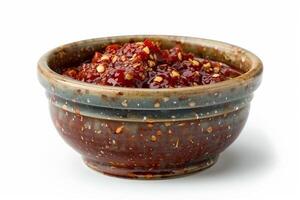 små keramisk maträtt av kryddad chili sås, ljus röd med synlig chili flingor, isolerat på vit foto