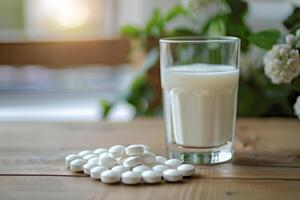 stänga upp av laktos enzym piller Nästa till en glas av mjölk, hälsa vård lösning för laktos intolerans foto