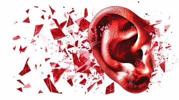 ljud förorening begrepp med en krossade trumhinnan illustration, vibrerande röd mot vit bakgrund foto