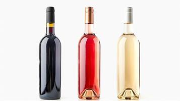 tre vin flaskor i en rad, röd, vit, och reste sig, isolerat på vit foto