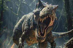 stor skrämmande hungrig dinosaurie med snäll ögon och skarp tänder förstöra parkera foto