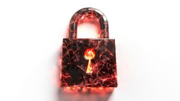Cybersäkerhet risk visualiseras med en knäckt digital hänglås, lysande i mörk röd, isolerat på vit bakgrund foto