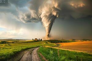 skrämmande olycksbådande enorm orkan tornado, apokalyptisk dramatisk bakgrund foto