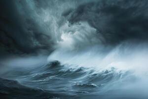 skrämmande enorm orkan tyfon över hav, apokalyptisk dramatisk bakgrund foto