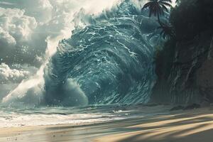 skrämmande tsunami med enorm skummig Vinka, apokalyptisk dramatisk bakgrund foto