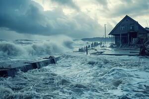 skrämmande tsunami med enorm skummig Vinka, apokalyptisk dramatisk bakgrund foto