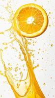 ett konstnärlig stänk av orange juice med en enda, perfekt skiva av orange frysta i i luften, uppsättning mot en skarp vit bakgrund för hög kontrast foto