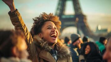 upphetsad åskådare i en folkmassan av de suddig eiffel torn bakgrund foto