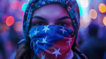en kvinna med en bandana terar de amerikan flagga motiv, mitt i vibrerande bokeh lampor, frammanande begrepp av patriotism och högtider tycka om oberoende dag foto