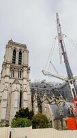 restaurering av notre dame katedral med kranar i paris, Frankrike, posta brand rekonstruktion arkitektur under molnig himmel, relaterad till europeisk arv och historia foto