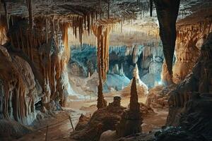 stor skön skarp stalaktiter hängande ner från djup berg grotta foto
