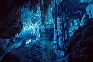 stor skön skarp stalaktiter hängande ner från djup berg grotta foto