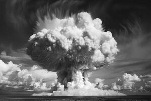 skrämmande kärn explosion i utomhus, svamp moln av kärn vapen foto