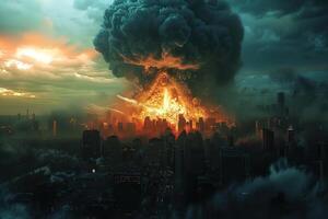 skrämmande kärn explosion i utomhus, svamp moln av kärn vapen foto