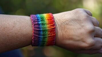 stänga upp av en flerfärgad vävd vänskap armband på en handled, symboliserar mångfald och inklusivitet, relaterad till lgbtq stolthet och internationell vänskap dag foto