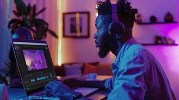 afrikansk amerikan manlig grafisk designer arbetssätt sent med hörlurar i en neon belyst Hem kontor, begrepp av frilans, teknologi, och kreativ industri foto