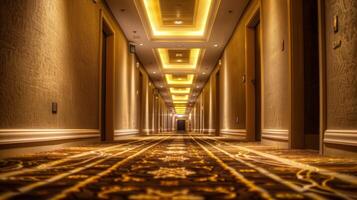 elegant hotell korridor med värma omgivande belysning och lyxig matta, idealisk för företag resa, gästfrihet industri teman, och exklusiva boende inställningar foto