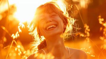 en glad kvinna sola i de värma glöd av de morgon- Sol foto