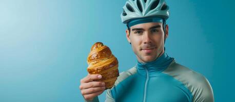caucasian manlig cyklist i en blå jersey och hjälm innehav en gyllene croissant, representerar friska livsstil mot flathet, perfekt för värld cykel dag eller nationell croissant dag foto