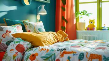 färgrik barns sovrum med djur- tema strö och vibrerande dekor, idealisk för interiör design begrepp och tillbaka till skola teman foto