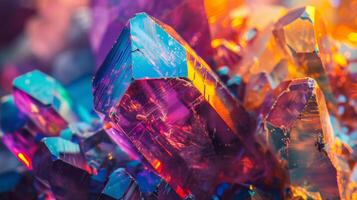 mikroskopisk se av färgrik mineraler, vibrerande kristall strukturer, vetenskaplig forskning foto