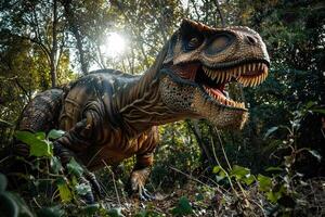 på tema av stor skrämmande hungrig dinosaurie med snäll ögon och skarp tänder förstöra parkera foto