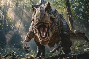 på tema av stor skrämmande hungrig dinosaurie med snäll ögon och skarp tänder förstöra parkera foto