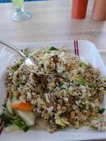 ett av de signatur maträtter från indonesiska restauranger, nasi goreng bebek babe ijo. foto