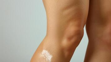 en skildring av en kvinnors ben avslöjande en synlig minska i celluliter och övergripande förbättrad hud textur efter införlivande hud föryngring terapi. foto