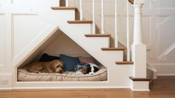 en kreativ använda sig av av under trappan Plats vände sig in i en personlig hund håla komplett med en mjuk säng och leksak lagring foto