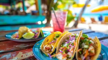 färgrik strand hydda tjänande upp östil fisk tacos perfekt för en tillfällig strandnära lunch foto