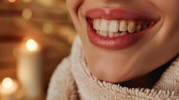 ett bild av en kvinnors strålande leende avslöjande en fylligare och Mer hydratiserad utseende av henne mun efter regelbunden bastu sessioner. foto