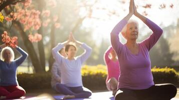 de värma Sol lyser ner på en grupp av pensionärer som de strömma genom yoga poser i en skön utomhus- miljö foto