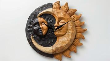 en lera vägg klocka dekorerad med en handsnidade Sol och måne design inspirerad förbi de konstant cykel av dag och natt i natur. foto