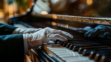 en mannens vit handskar glida över de nycklar av en stor piano signal- de Start av en skön aria foto