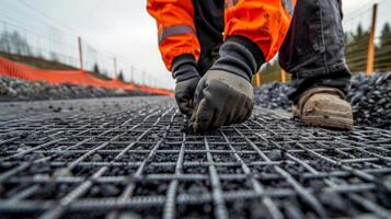 närbild av en konstruktion arbetstagare inspekterande och reparation geonät material säkerställa rätt installation och prestanda foto