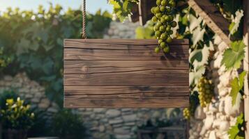 tom attrapp av en nyckfull trä- vin vingård ingång tecken med en hängande g och lekfull ritad för hand font. foto