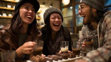 en grupp av vänner skratt och prat som de njut av en choklad provsmakning erfarenhet varje ett upptäckt en ny favorit en de urval av hantverkare choklad foto